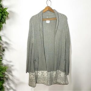 Longline Ribbed Duster Cardigan Fair Isle Hem Grey M/L